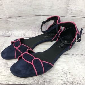 VIAJIYU Friuli Shoes Blue Suede Low Heel Designer Sandals Ankle Strap Italy Sz 9